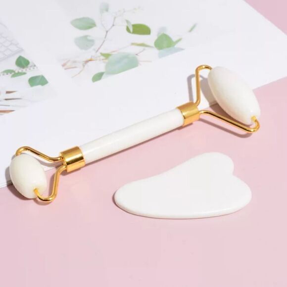 NIB GUA SHA SET ROLLER AND JADE IN WHITE QUARZ - Picture 1 of 5